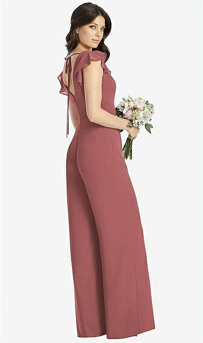 Ruffled Sleeve Low V-back Jumpsuit - Adelaide In English Rose | The Dessy  Group
