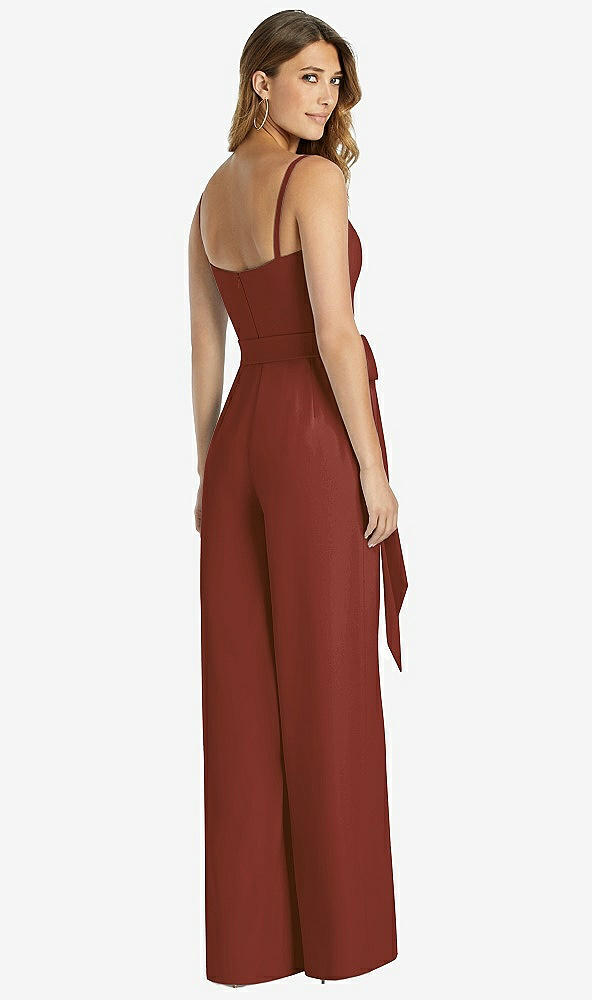 Back View - Auburn Moon Spaghetti Strap Crepe Jumpsuit with Sash - Alana 