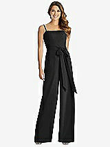 Front View Thumbnail - Black Spaghetti Strap Crepe Jumpsuit with Sash - Alana 