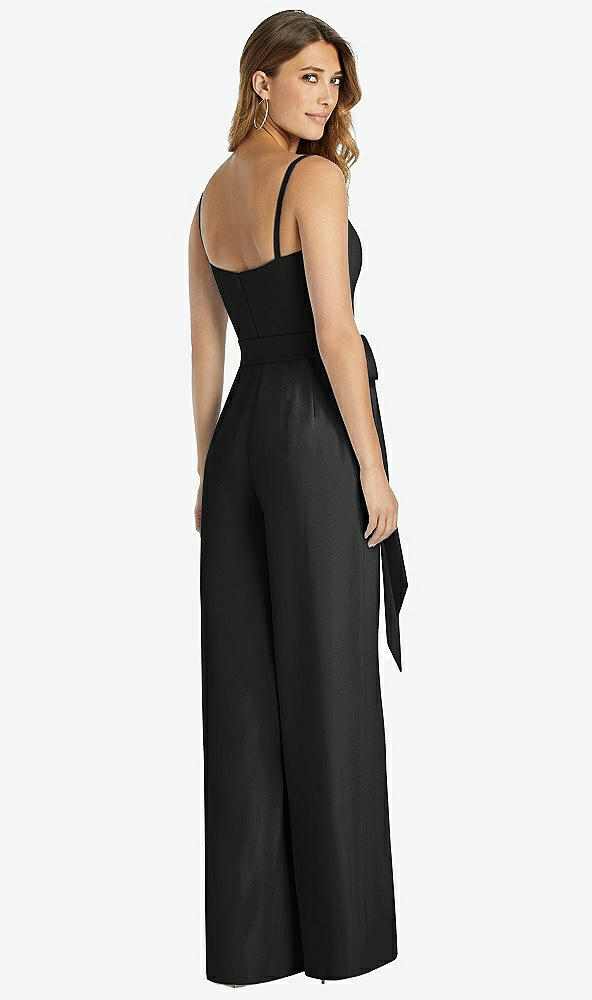 Back View - Black Spaghetti Strap Crepe Jumpsuit with Sash - Alana 