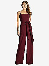 Front View Thumbnail - Cabernet Spaghetti Strap Crepe Jumpsuit with Sash - Alana 