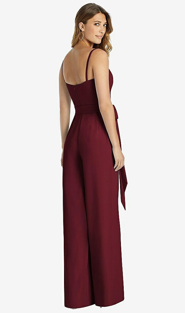 Back View - Cabernet Spaghetti Strap Crepe Jumpsuit with Sash - Alana 