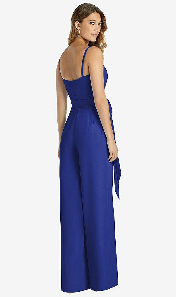 Back View - Cobalt Blue Spaghetti Strap Crepe Jumpsuit with Sash - Alana 