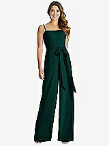 Front View Thumbnail - Evergreen Spaghetti Strap Crepe Jumpsuit with Sash - Alana 