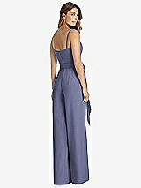 Rear View Thumbnail - French Blue Spaghetti Strap Crepe Jumpsuit with Sash - Alana 