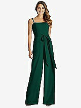 Front View Thumbnail - Hunter Green Spaghetti Strap Crepe Jumpsuit with Sash - Alana 