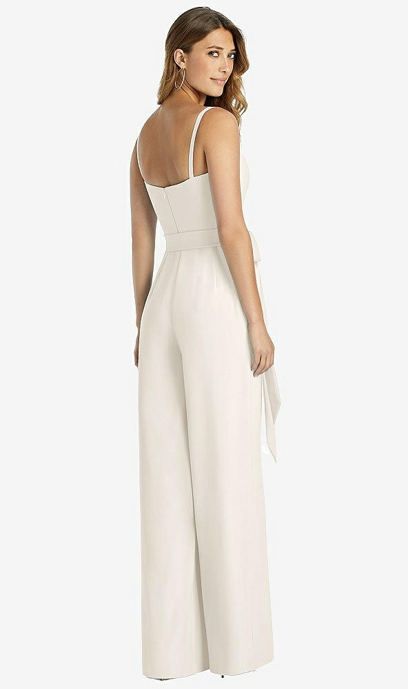 Back View - Ivory Spaghetti Strap Crepe Jumpsuit with Sash - Alana 