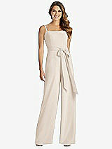 Front View Thumbnail - Oat Spaghetti Strap Crepe Jumpsuit with Sash - Alana 