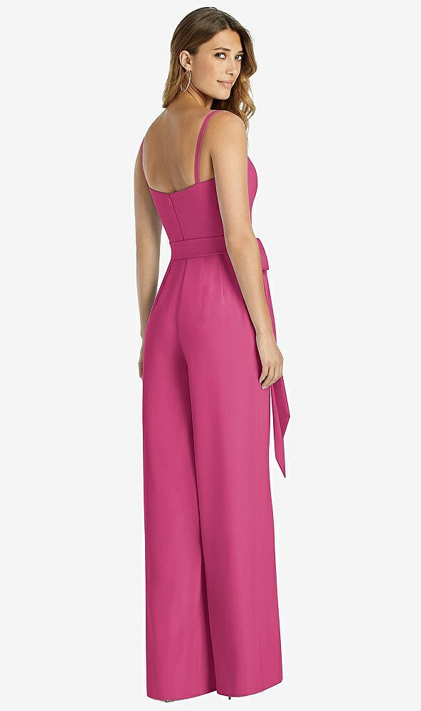 Back View - Tea Rose Spaghetti Strap Crepe Jumpsuit with Sash - Alana 
