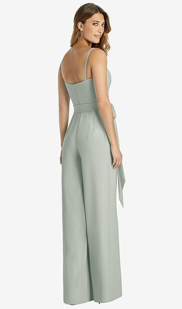 Back View - Willow Green Spaghetti Strap Crepe Jumpsuit with Sash - Alana 