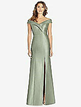 Front View Thumbnail - Sage Off-the-Shoulder Cuff Trumpet Gown with Front Slit