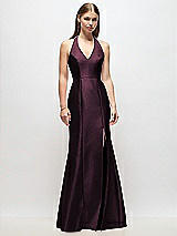 Front View Thumbnail - Deep Plum V-Neck Halter Satin Trumpet Gown