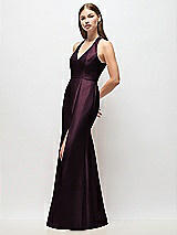 Side View Thumbnail - Deep Plum V-Neck Halter Satin Trumpet Gown