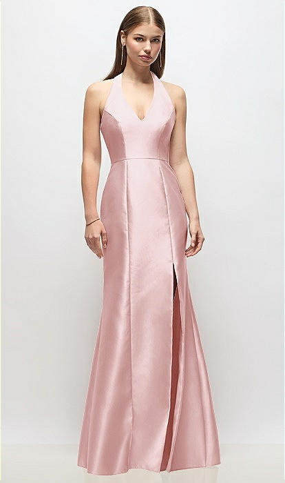 V-neck Halter Satin Trumpet Bridesmaid Dress In Ballet Pink