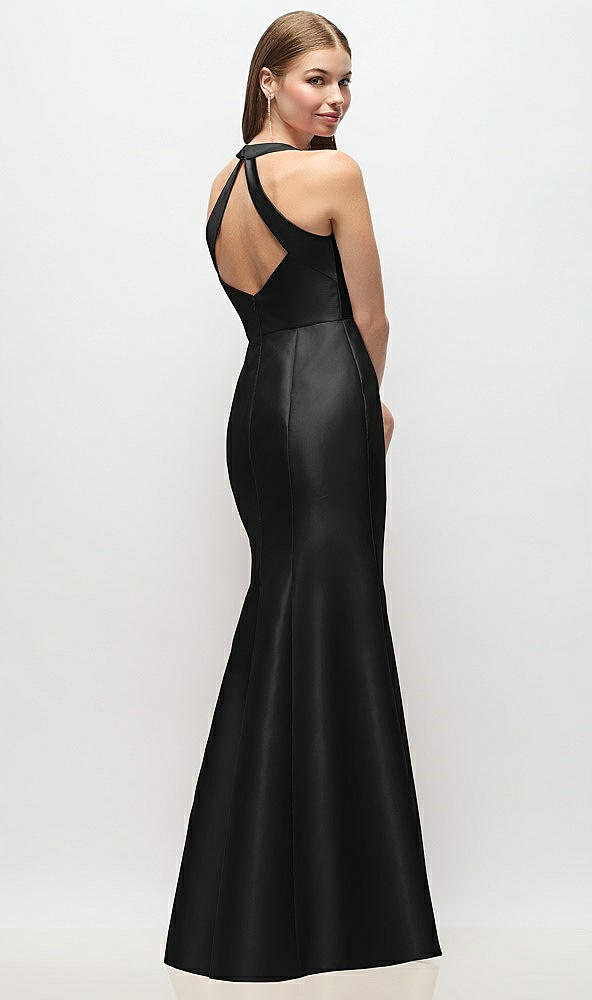 Back View - Black V-Neck Halter Satin Trumpet Gown