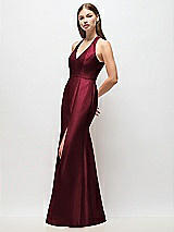 Side View Thumbnail - Cabernet V-Neck Halter Satin Trumpet Gown