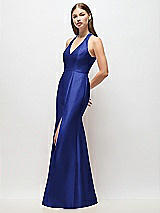 Side View Thumbnail - Cobalt Blue V-Neck Halter Satin Trumpet Gown