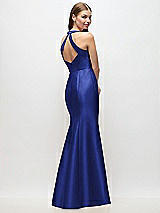 Rear View Thumbnail - Cobalt Blue V-Neck Halter Satin Trumpet Gown