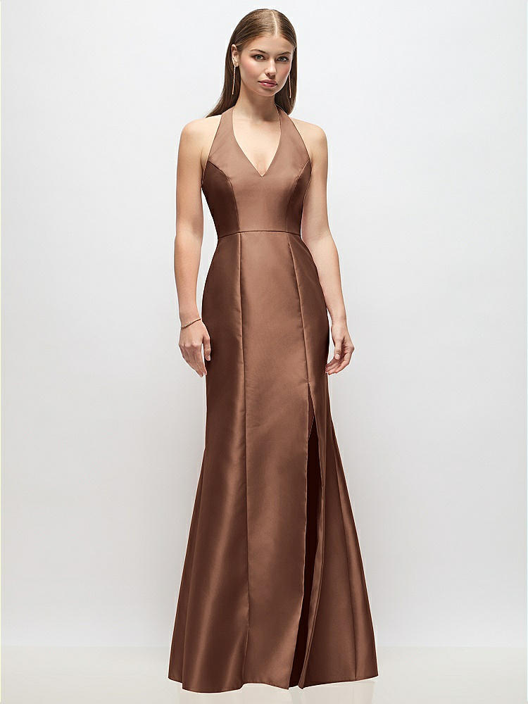 High-neck Cutout Satin Bridesmaid Dress With Pockets In Cognac