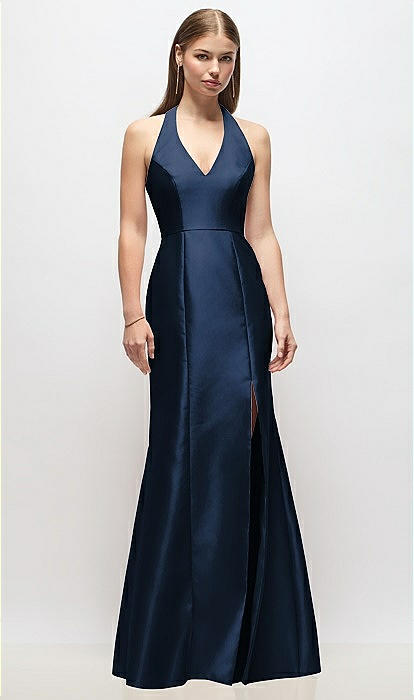 navy v neck cocktail dress Wedtrend Dark Navy A Line V Neck Floor Length Long Chiffon Bridesmaid Dress With Slit Wedding Party Dress, Dark Navy / US16