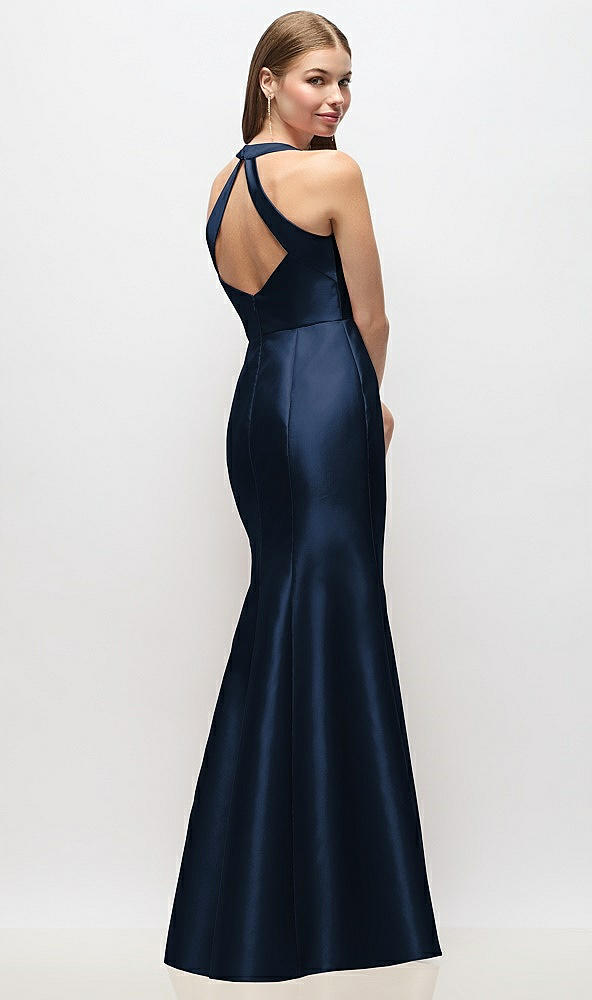 Back View - Midnight Navy V-Neck Halter Satin Trumpet Gown