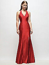 Front View Thumbnail - Poppy Red V-Neck Halter Satin Trumpet Gown