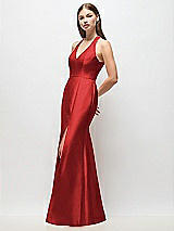 Side View Thumbnail - Poppy Red V-Neck Halter Satin Trumpet Gown
