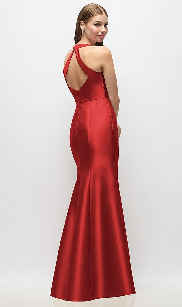 Back View - Poppy Red V-Neck Halter Satin Trumpet Gown