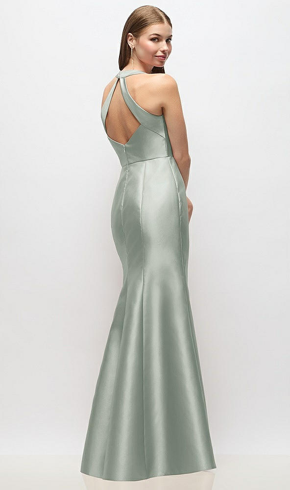 Back View - Willow Green V-Neck Halter Satin Trumpet Gown