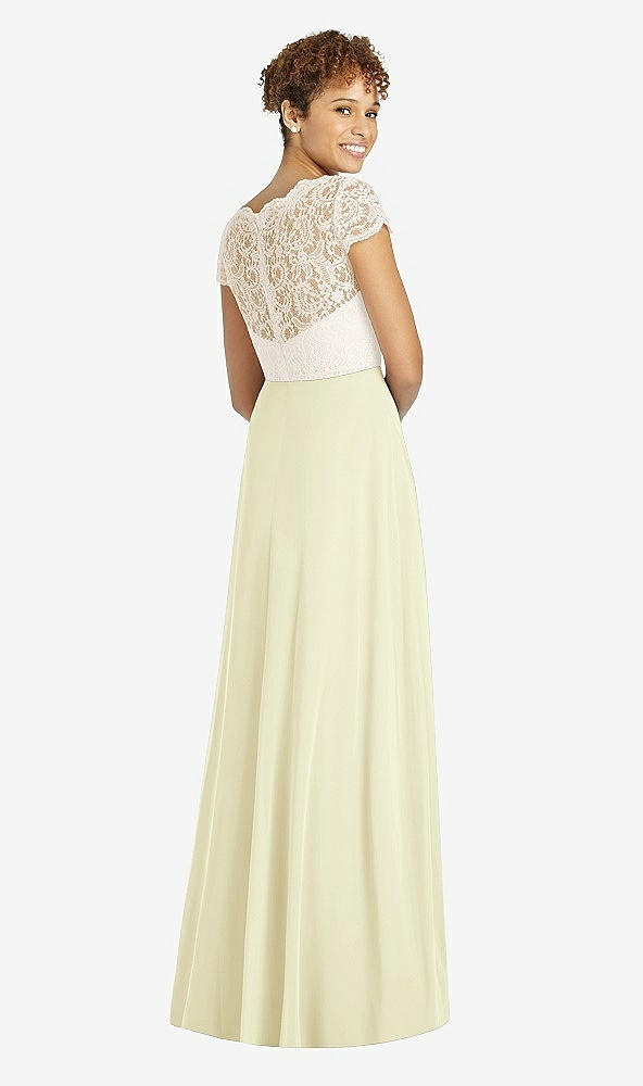 Back View - Butter Yellow & Ivory Cap Sleeve Illusion-Back Lace and Chiffon Dress