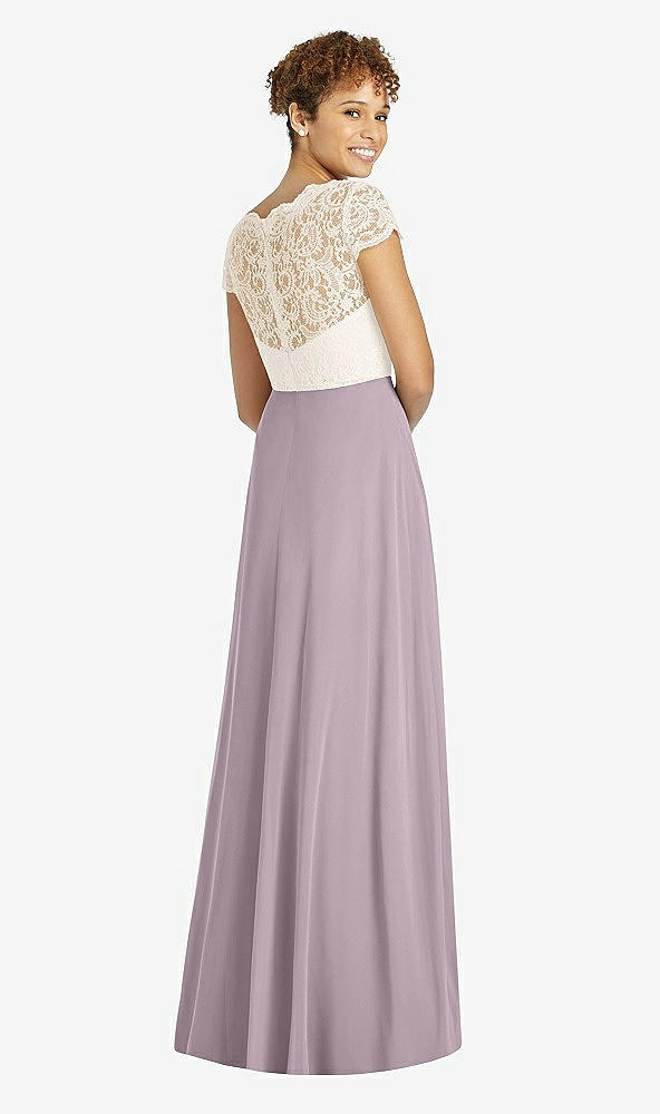 Back View - Lilac Dusk & Ivory Cap Sleeve Illusion-Back Lace and Chiffon Dress