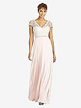 Front View Thumbnail - Blush & Ivory Cap Sleeve Illusion-Back Lace and Chiffon Dress