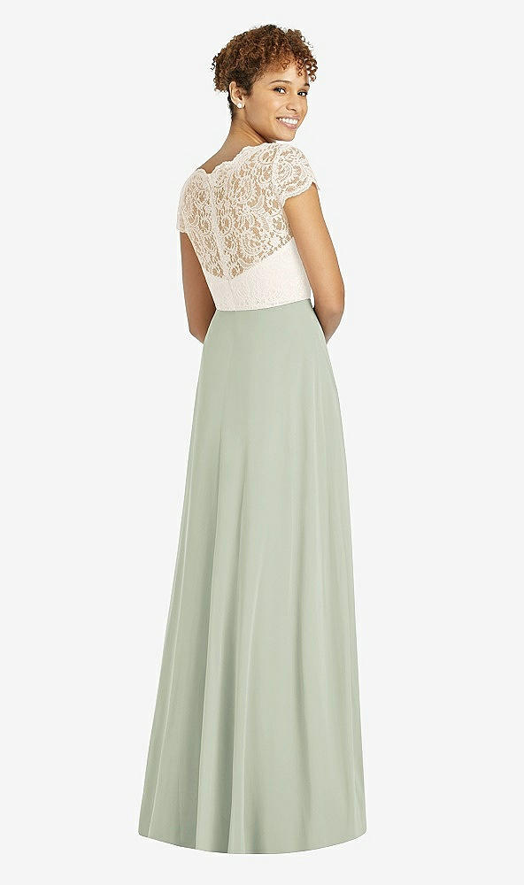 Back View - Celadon & Ivory Cap Sleeve Illusion-Back Lace and Chiffon Dress