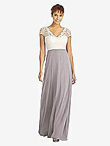 Front View Thumbnail - Cashmere Gray & Ivory Cap Sleeve Illusion-Back Lace and Chiffon Dress