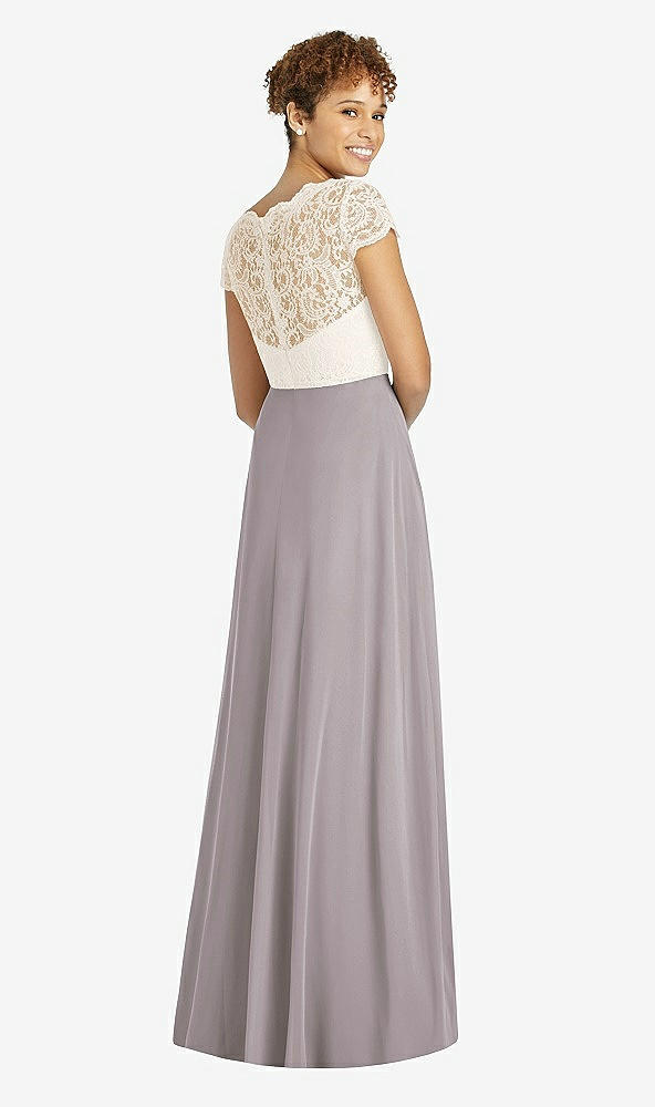 Back View - Cashmere Gray & Ivory Cap Sleeve Illusion-Back Lace and Chiffon Dress