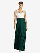Front View Thumbnail - Evergreen & Ivory Cap Sleeve Illusion-Back Lace and Chiffon Dress