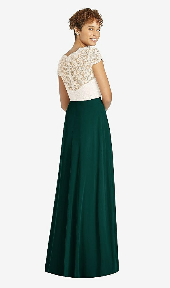 Back View - Evergreen & Ivory Cap Sleeve Illusion-Back Lace and Chiffon Dress