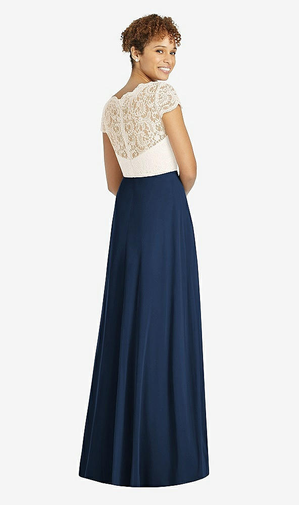 Back View - Midnight Navy & Ivory Cap Sleeve Illusion-Back Lace and Chiffon Dress