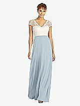 Front View Thumbnail - Mist & Ivory Cap Sleeve Illusion-Back Lace and Chiffon Dress