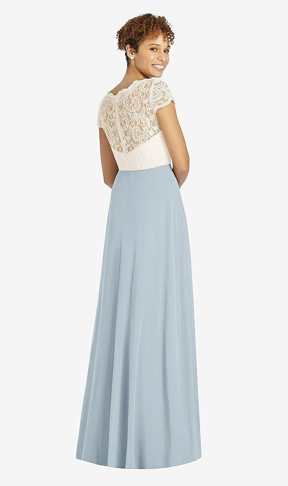 Back View - Mist & Ivory Cap Sleeve Illusion-Back Lace and Chiffon Dress
