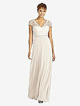 Front View Thumbnail - Oat & Ivory Cap Sleeve Illusion-Back Lace and Chiffon Dress
