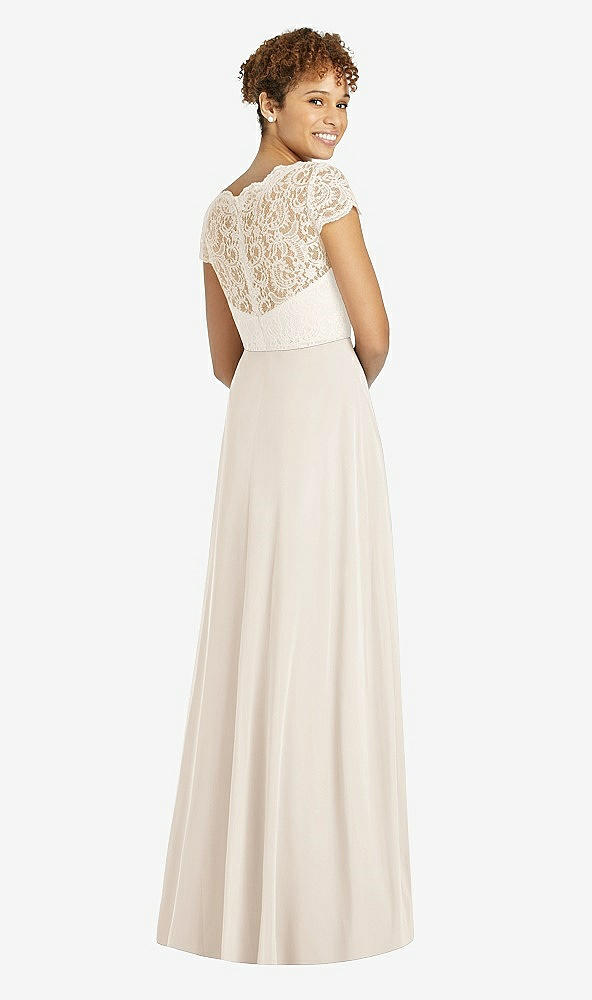 Back View - Oat & Ivory Cap Sleeve Illusion-Back Lace and Chiffon Dress