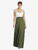 Front View Thumbnail - Olive Green & Ivory Cap Sleeve Illusion-Back Lace and Chiffon Dress
