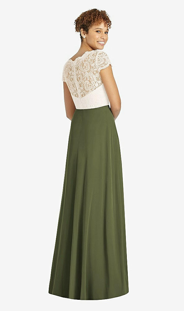 Back View - Olive Green & Ivory Cap Sleeve Illusion-Back Lace and Chiffon Dress