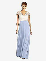 Front View Thumbnail - Sky Blue & Ivory Cap Sleeve Illusion-Back Lace and Chiffon Dress