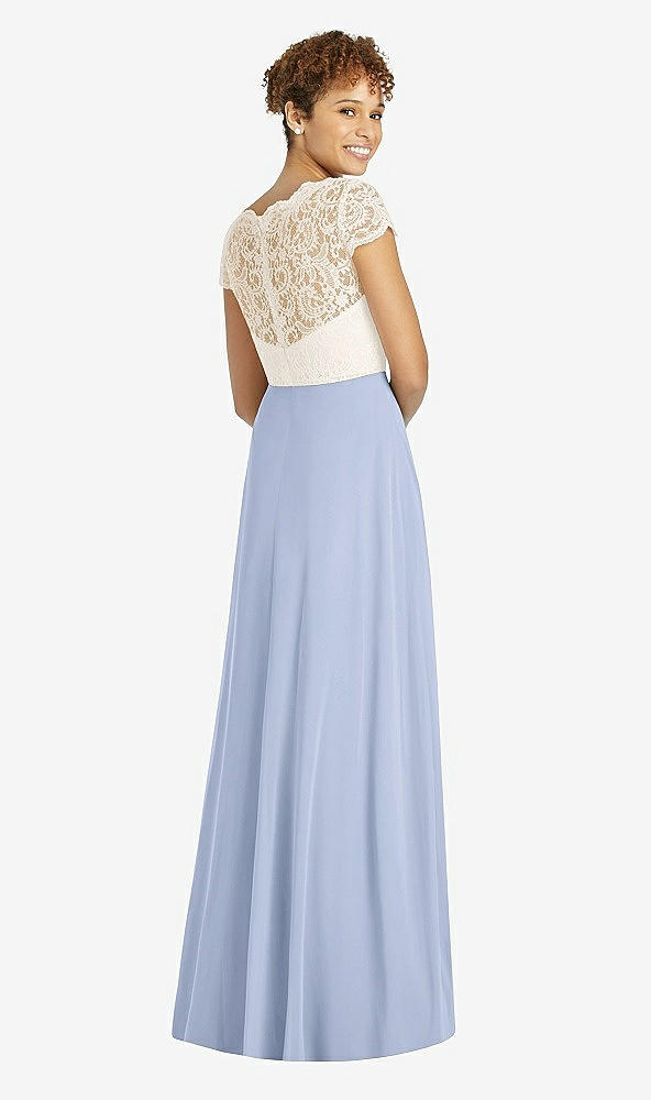 Back View - Sky Blue & Ivory Cap Sleeve Illusion-Back Lace and Chiffon Dress