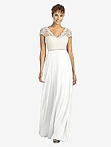 Front View Thumbnail - White & Ivory Cap Sleeve Illusion-Back Lace and Chiffon Dress