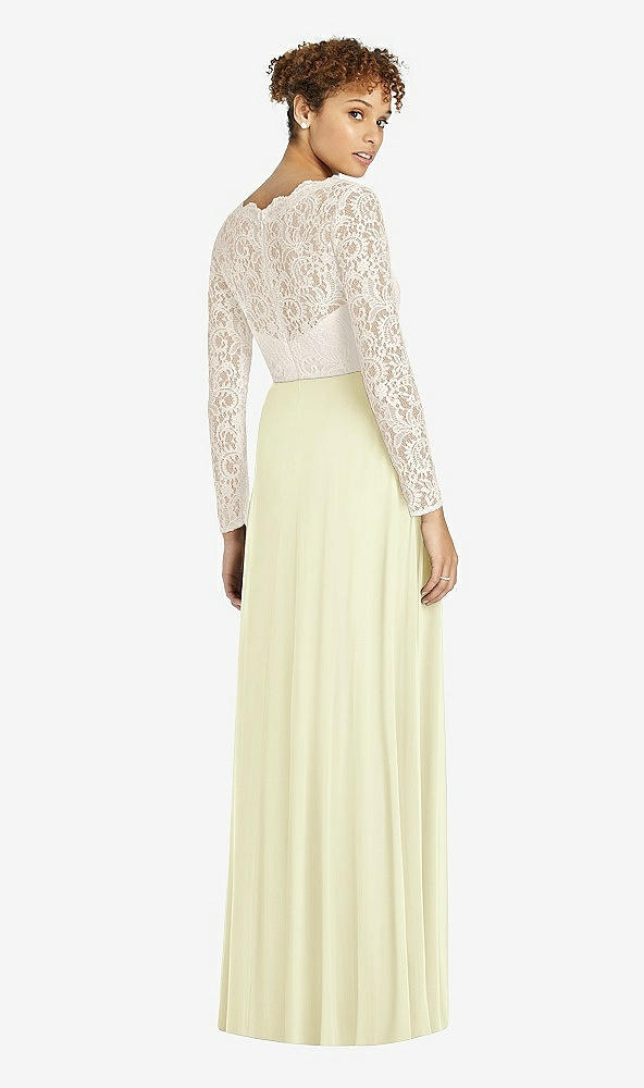 Back View - Butter Yellow & Ivory Long Sleeve Illusion-Back Lace and Chiffon Dress
