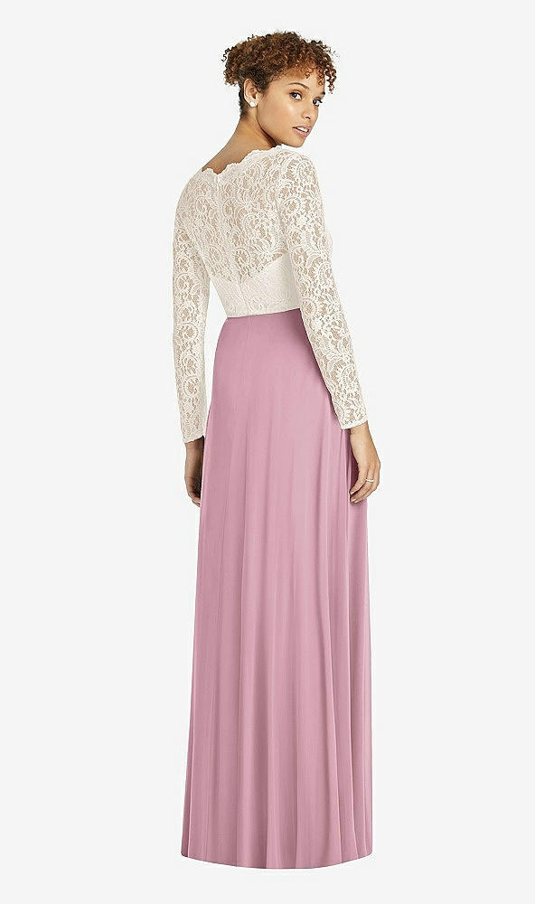 Back View - Dusty Pink & Ivory Long Sleeve Illusion-Back Lace and Chiffon Dress