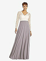Front View Thumbnail - Cashmere Gray & Ivory Long Sleeve Illusion-Back Lace and Chiffon Dress